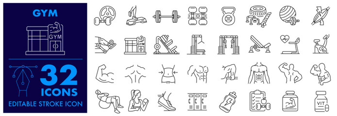Gym and fitness icon set. Healthy lifestyle, muscles, weight training, Healthy body, Cardio and workout , exercise equipment, Barbell, Body builder, Editable Stroke Icon