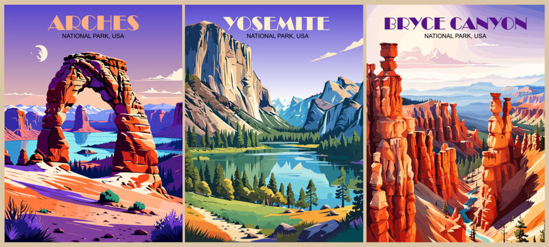 Set of Retro National Parks posters, Vintage USA travel illustrations. Trendy printable wall art with beautiful american landscapes. Vector colorful illustrations.