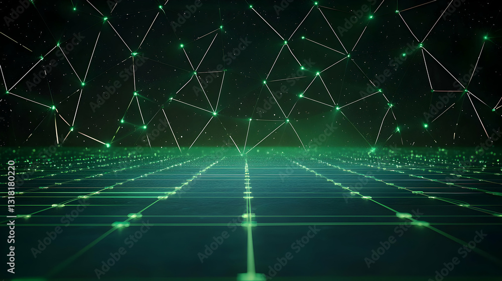 Poster abstract digital network grid with bright green lights and futuristic design in dark background