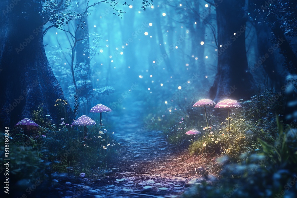 Aufkleber a forest scene with a path and a group of mushrooms