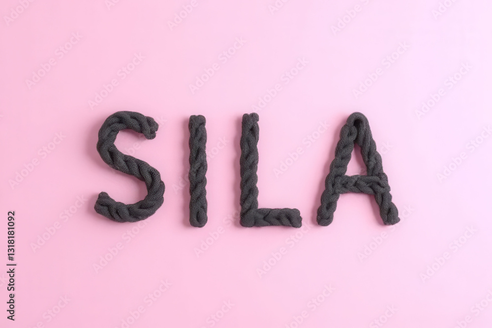 Poster the word sila is written in a unique way, using a string of yarn. the image has a playful and creati