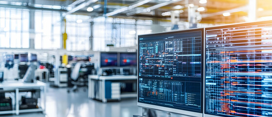 Fototapeta premium Large Digital Display Screens With Complex Blue And Orange Data Visualizations In A Modern Industrial Control Room