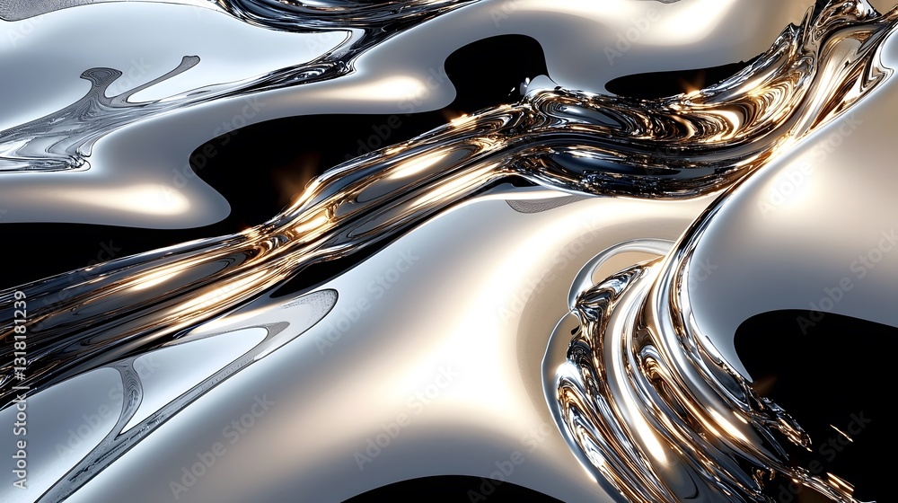 Poster highly reflective and smooth metallic shapes swirl in abstract composition