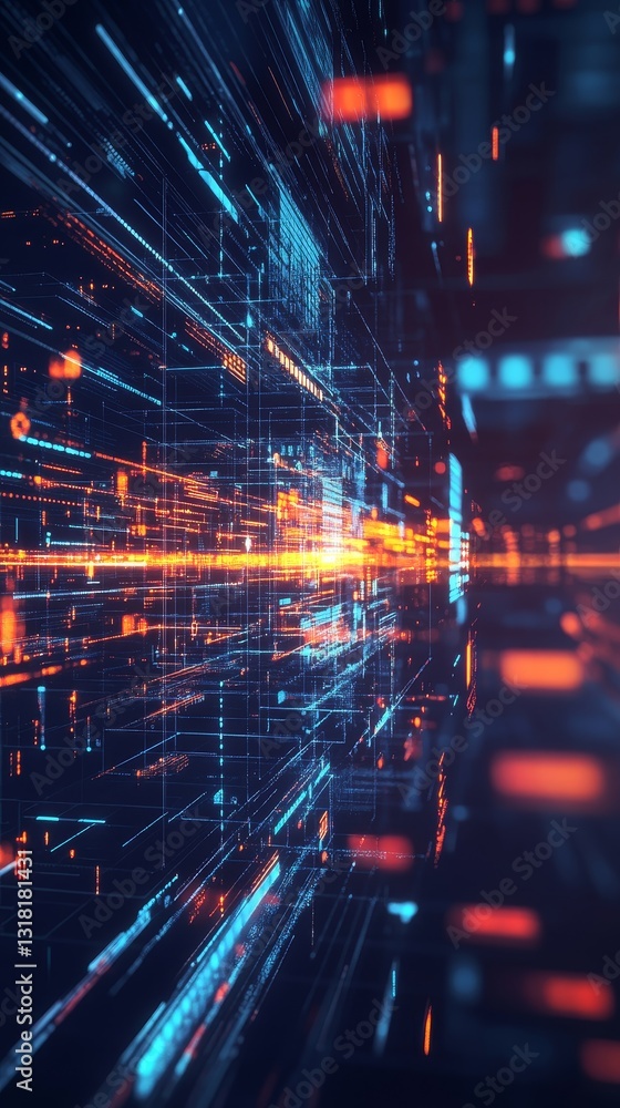 Poster vibrant abstract image showcasing a futuristic data stream filled with neon lights and glowing lines