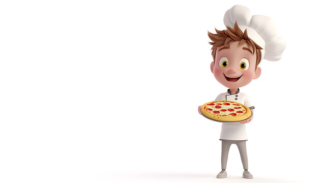 A cartoon chef holding a pizza