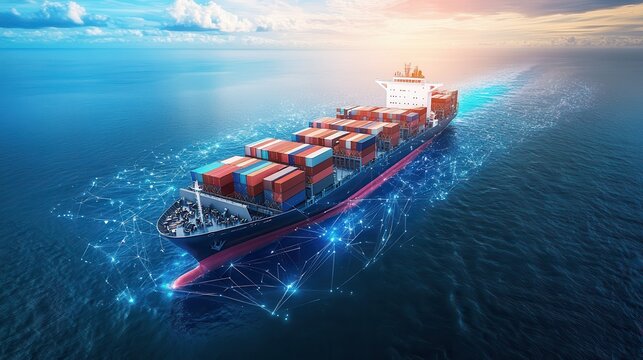 smart shipping technology revolutionizing trade, a high-tech cargo ship with AI-controlled systems, ensuring efficiency in global freight movement