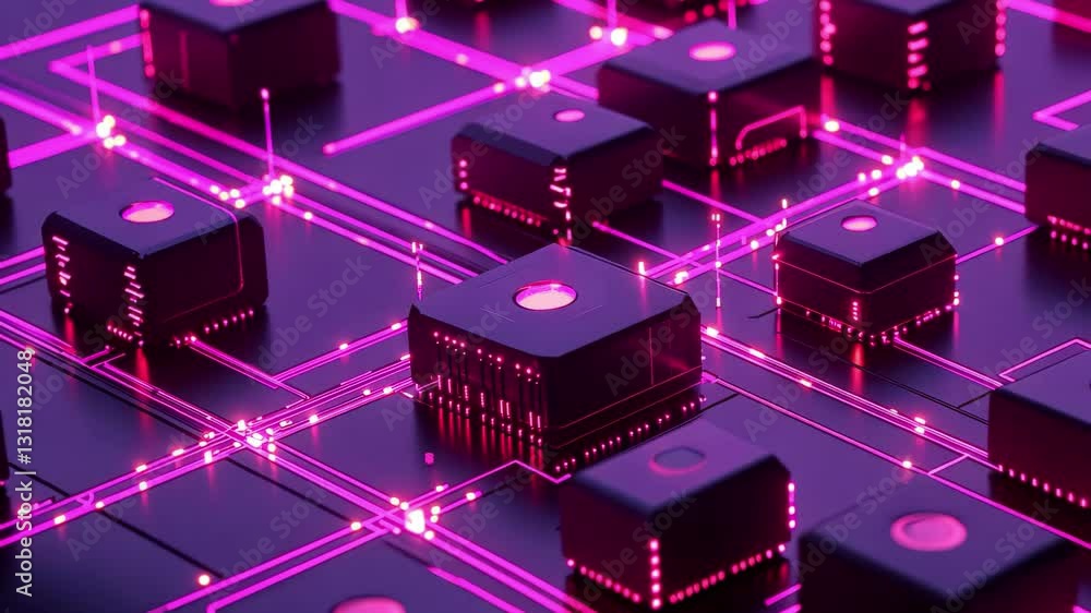 Poster data blocks gather in a glowing network of interconnected circuits, animation depicting data blocks 