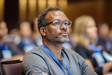 Fototapeta premium Businessman wearing eyeglasses and lanyard listening attentively at conference