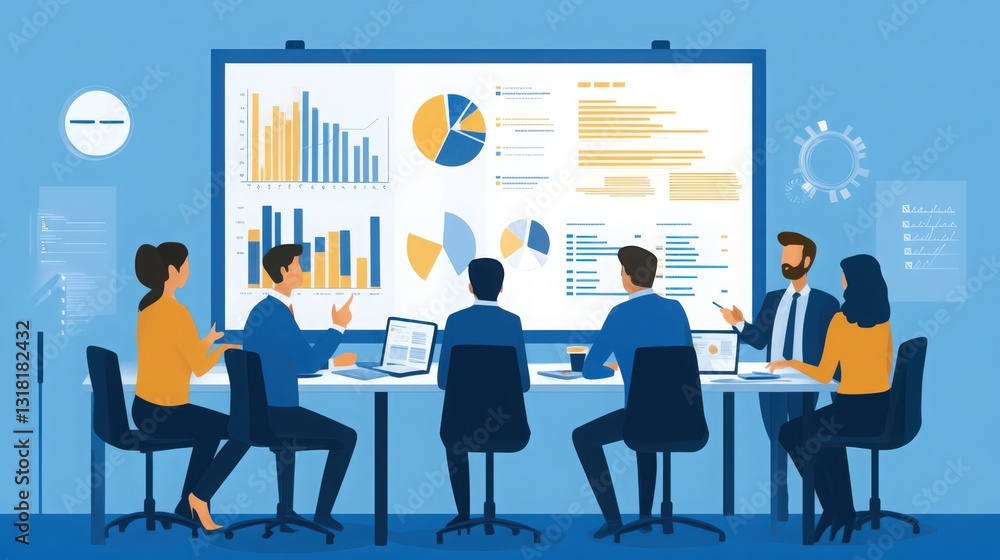 Poster collaborative business meeting with data analysis and presentation insights