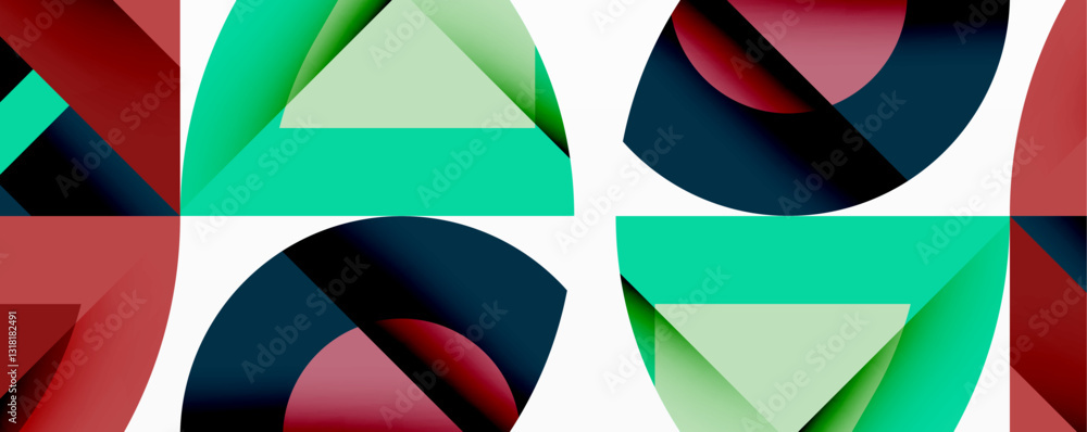 Poster Abstract geometric composition with interlocking circular and angular shapes, featuring smooth gradients and sharp contrasts on a white background