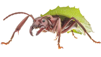 A leafcutter ant carrying a leaf on its back in vivid detail. transparent background