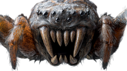 A close-up view of a menacing, giant spider revealing its fangs. transparent background