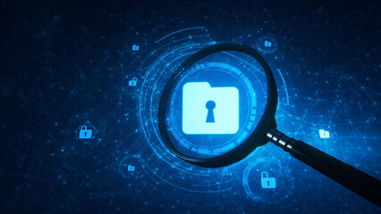 Magnifying glass focusing on a secure folder icon amid a network of encrypted data connections, illustrating cybersecurity.