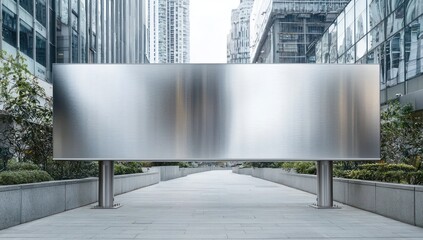 Modern architecture background, wide horizontal stainless steel billboard.