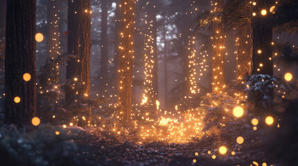 Naklejka premium Magical forest with warm glowing lights