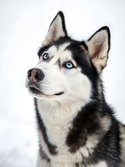 Fototapeta premium Adorable Husky Dog with Striking Blue Eyes Gazing Upwards in Snowy Scene