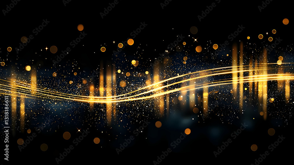 Poster abstract golden light trails and bokeh sparkles on a dark background