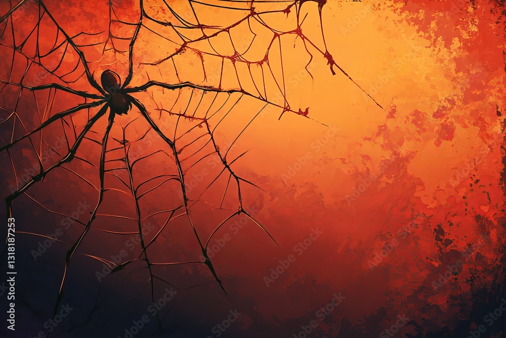 Poster an artistic representation of a spider in its delicate web, set against an orange and dark backgroun