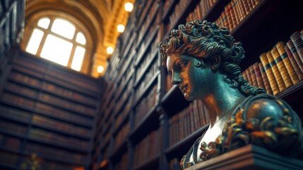 Obraz premium Sunlit Library with Antique Sculpture Law Books Justice Knowledge