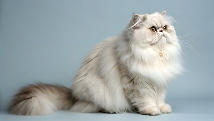 Fototapeta premium Majestic Cream Persian Cat Sitting Gracefully Against a Light Blue Background A Fluffy Longhaired Breed Portrait