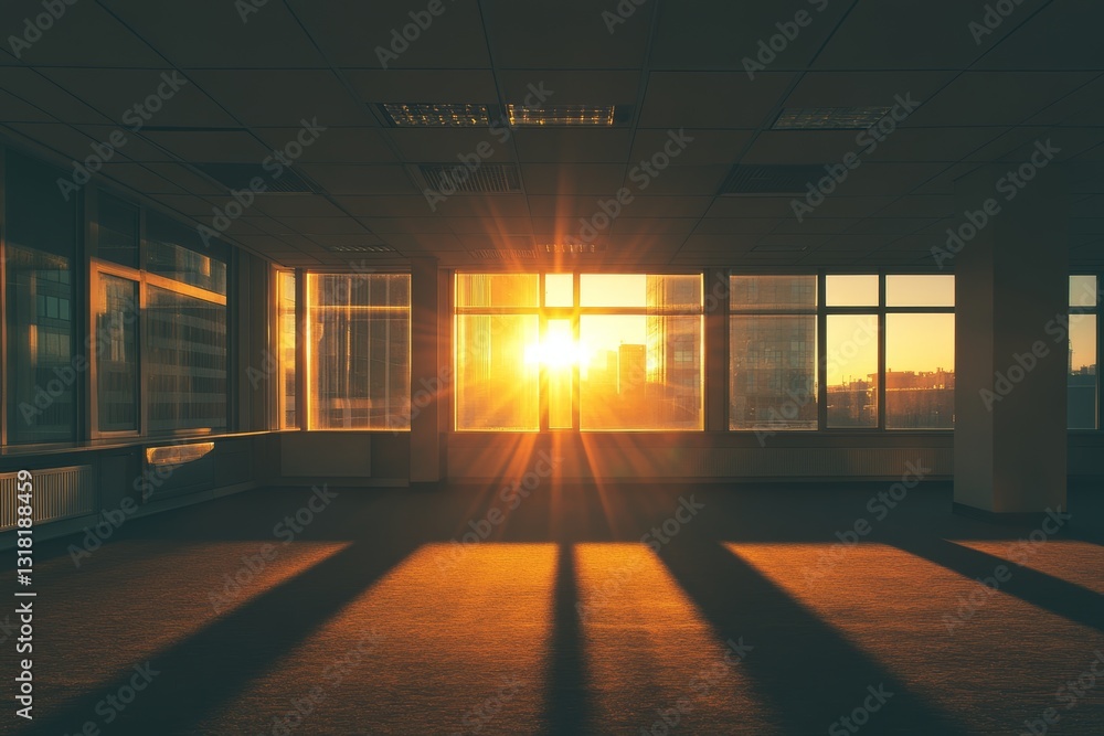 Poster captivating sunset view through large office windows illuminating the empty space