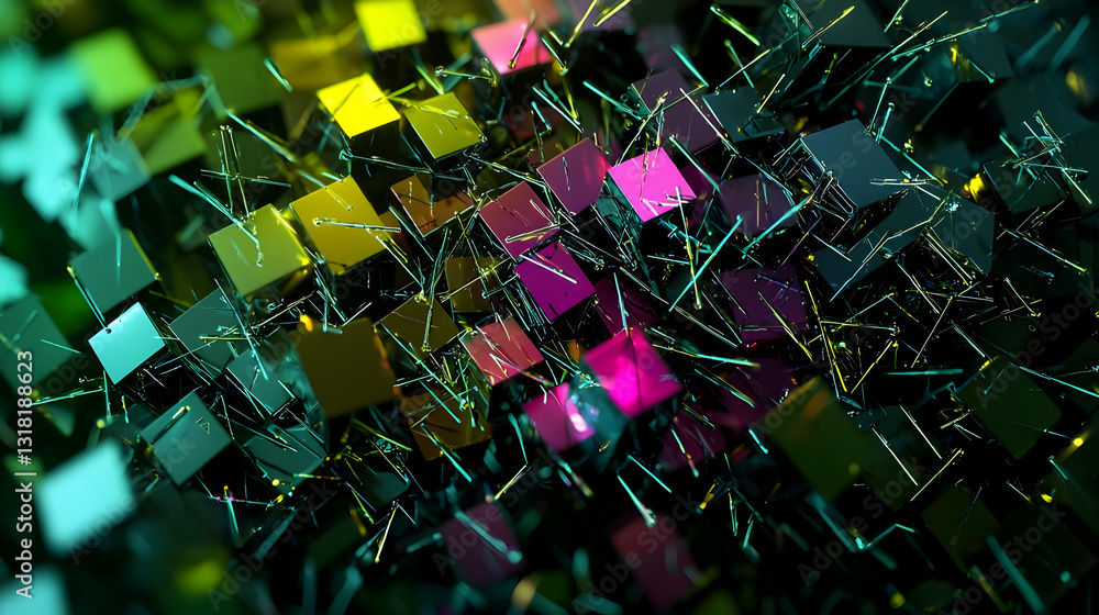 Poster 3d render of vibrant multicolored cubes with intertwined glowing lines in abstract digital art