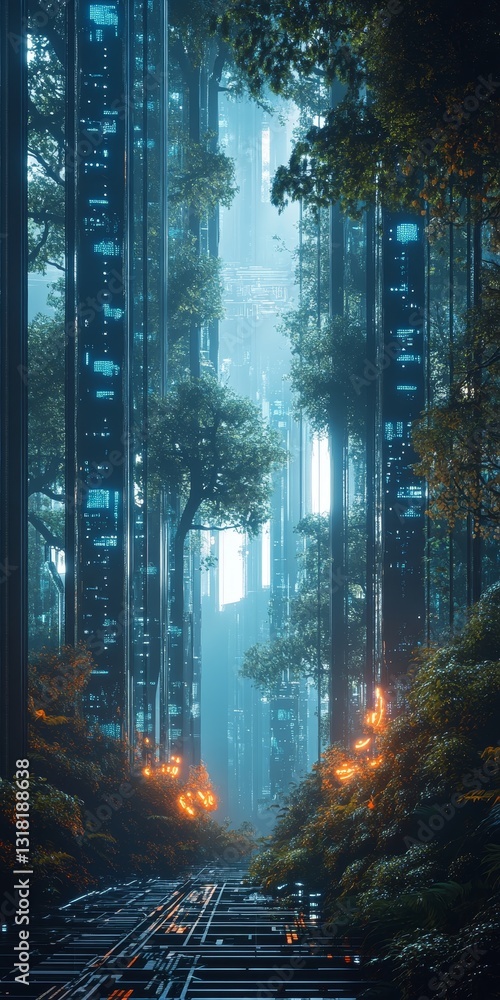 Aufkleber a captivating blend of nature and technology, featuring a misty forest with trees illuminated by sof