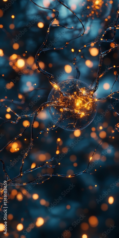 Poster this captivating image features glowing neuron connections against a soft bokeh background, creating