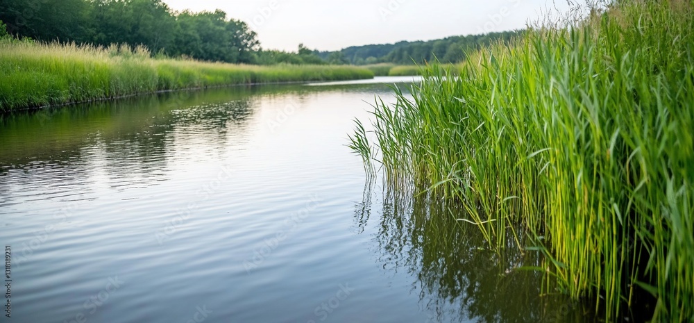Poster river flows with reeds in foreground and forest in background for scenic views