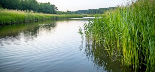 Obraz premium River flows with reeds in foreground and forest in background for scenic views
