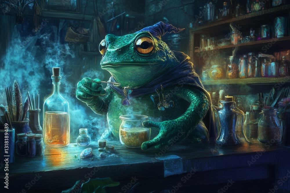 Poster a frog is sitting at a bar with a bottle of liquor in front of him. the scene is set in a fantasy wo