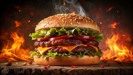 Fresh, delicious burgers with a beef patty, lettuce, onions, tomatoes and cucumbers. A large, fresh hamburger with overflowing cheese filling