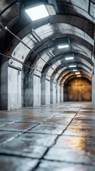 Underground passage, arched ceiling, wet floor, industrial setting, background textures