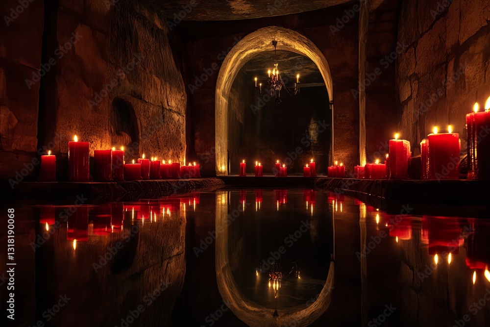 Poster experience a serene atmosphere with flickering candles illuminating a tranquil stone room, creating 