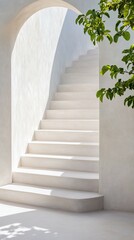 White stairs, arched entry, sunlight, plant