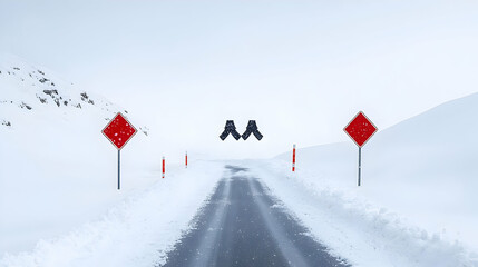 Snowy Mountain Road Through Blizzard Conditions With Red Diamond Warning Signs in Winter Landscape