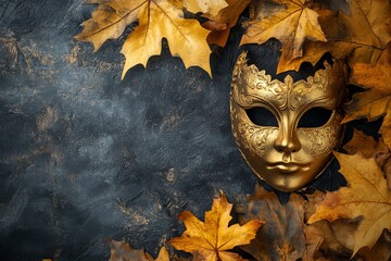 A stunning golden Venetian mask rests among vibrant autumn leaves, creating an elegant composition that evokes mystery and seasonal beauty. Perfect for festive themes.
