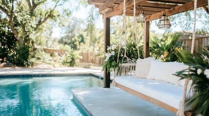 Relaxing patio swing by pool