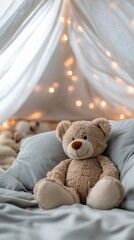Teddy bear in cozy bed fort, fairy lights