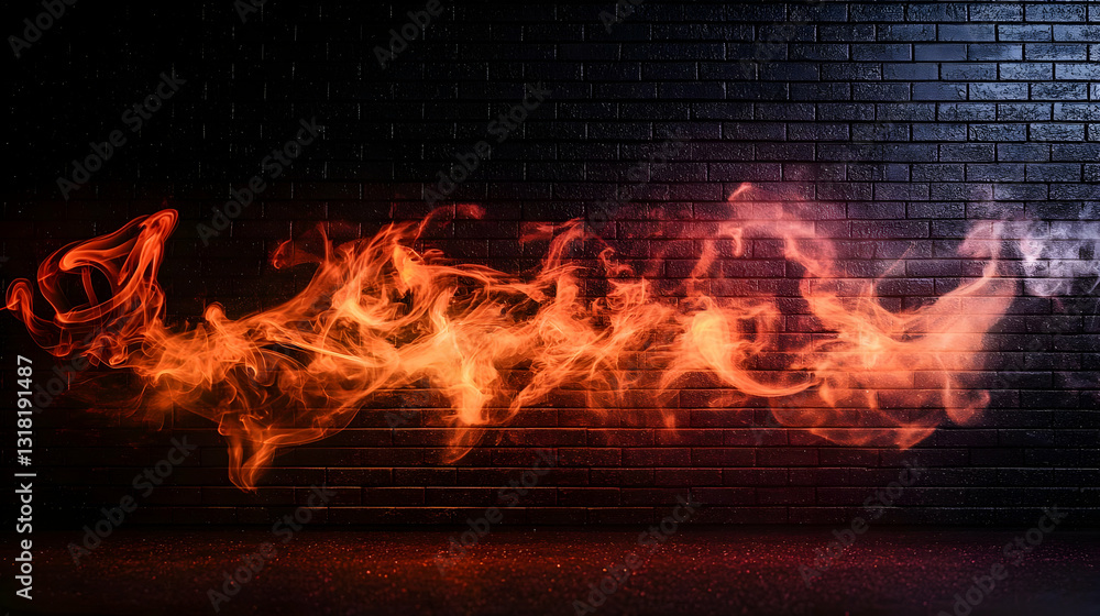Poster abstract orange fire effect against a black brick wall with glowing particles and energy creating a 