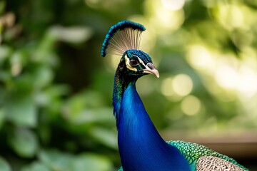 Obraz premium Peacock struts in forest, tail feathers blurred. Wildlife photography, ornithology