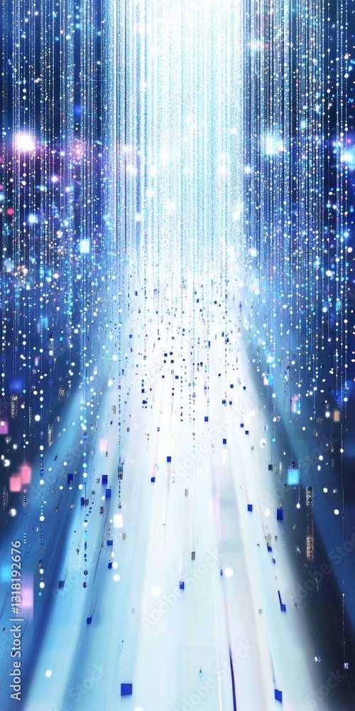 Poster this abstract digital background features vibrant blue glowing lines and scattered particles, creati