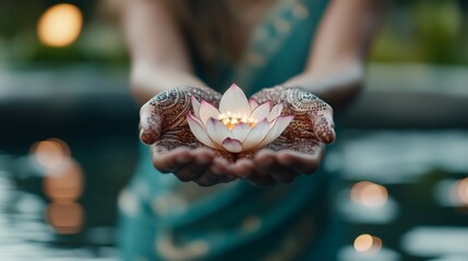 Woman offering lotus candle, garden, night
