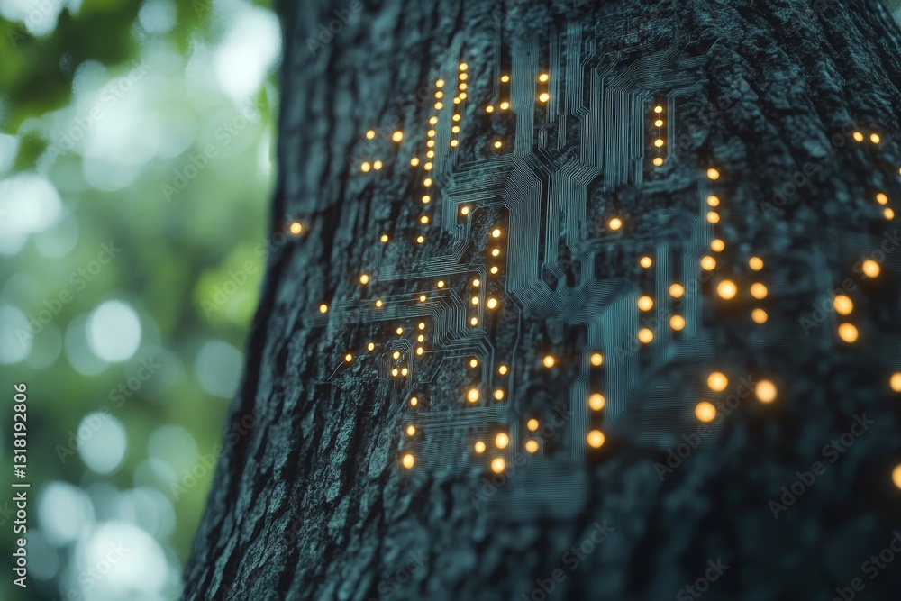 Aufkleber a captivating blend of nature and technology showcases glowing circuit patterns on tree bark, portra