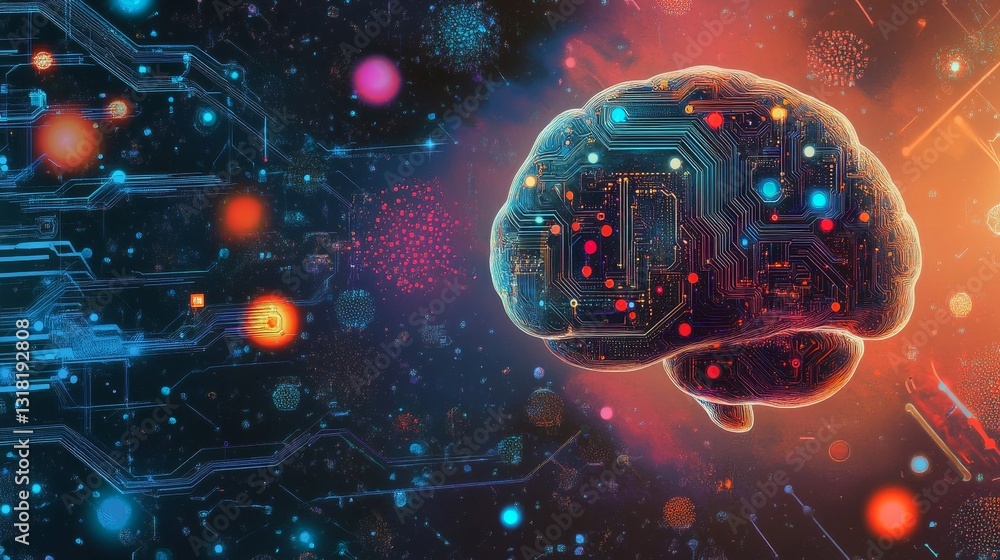 Poster a colorful brain with a lot of wires and circuits. the brain is surrounded by a galaxy of colorful d