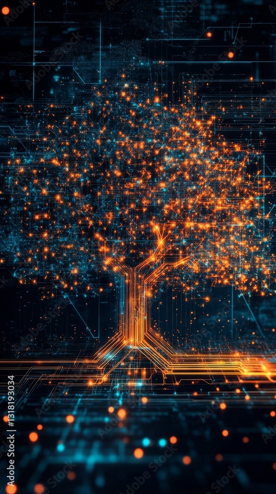 Poster explore a stunning abstract representation of a tree intertwined with digital algorithms, showcasing