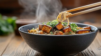 Steaming tofu noodle bowl, chopsticks lifting noodles, wooden table background, food blog use
