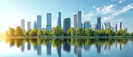 Sustainable business district with ecofriendly skyscrapers, urban parks, green spaces, and innovative companies committed to environmental sustainability