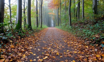 Autumn path through woods. Leaves cover ground. Mist softens background. Scenic