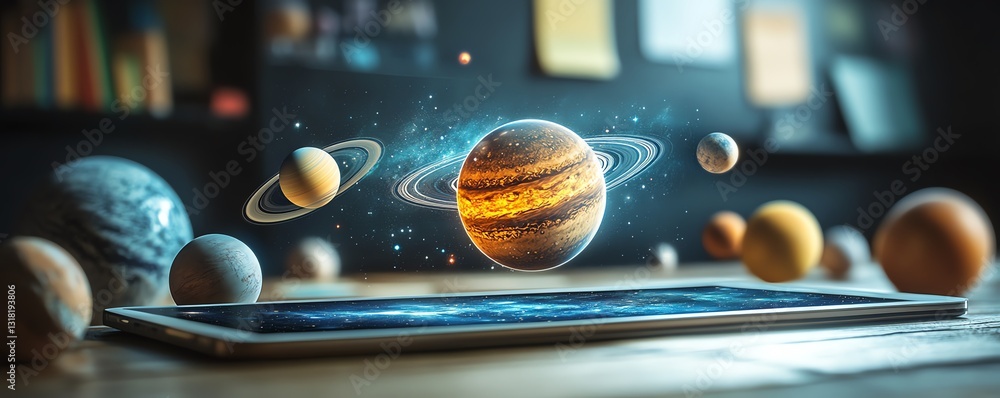 Leinwandbilder tablet with ar hologram of planets and galaxies in a classroom, showcasing the use of augmented real
